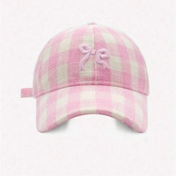 Adjustable Checkered Light Pink + White Embroidered Bowknot Baseball Cap OS New - Picture 4 of 11